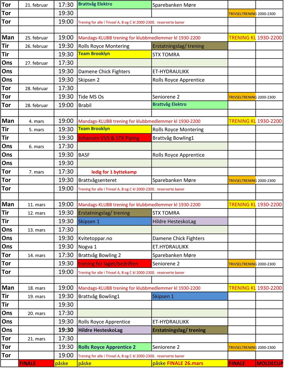 februar 17:30 Tor 19:30 Tide MS Os Seniorene 2 TRIVSELTRENING 2000-2300 Tor 28. februar 19:00 Brabil Brattvåg Elektro Man 4.