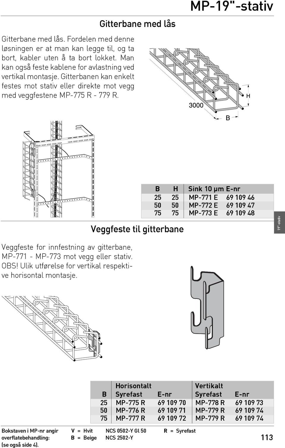 Gitterbane med lås Veggfeste til gitterbane B H Sink 10 µm E-nr 25 25 MP-771 E 69 109 46 50 50 MP-772 E 69 109 47 75 75 MP-773 E 69 109 48 19"-stativ Veggfeste for innfestning av gitterbane, MP-771 -