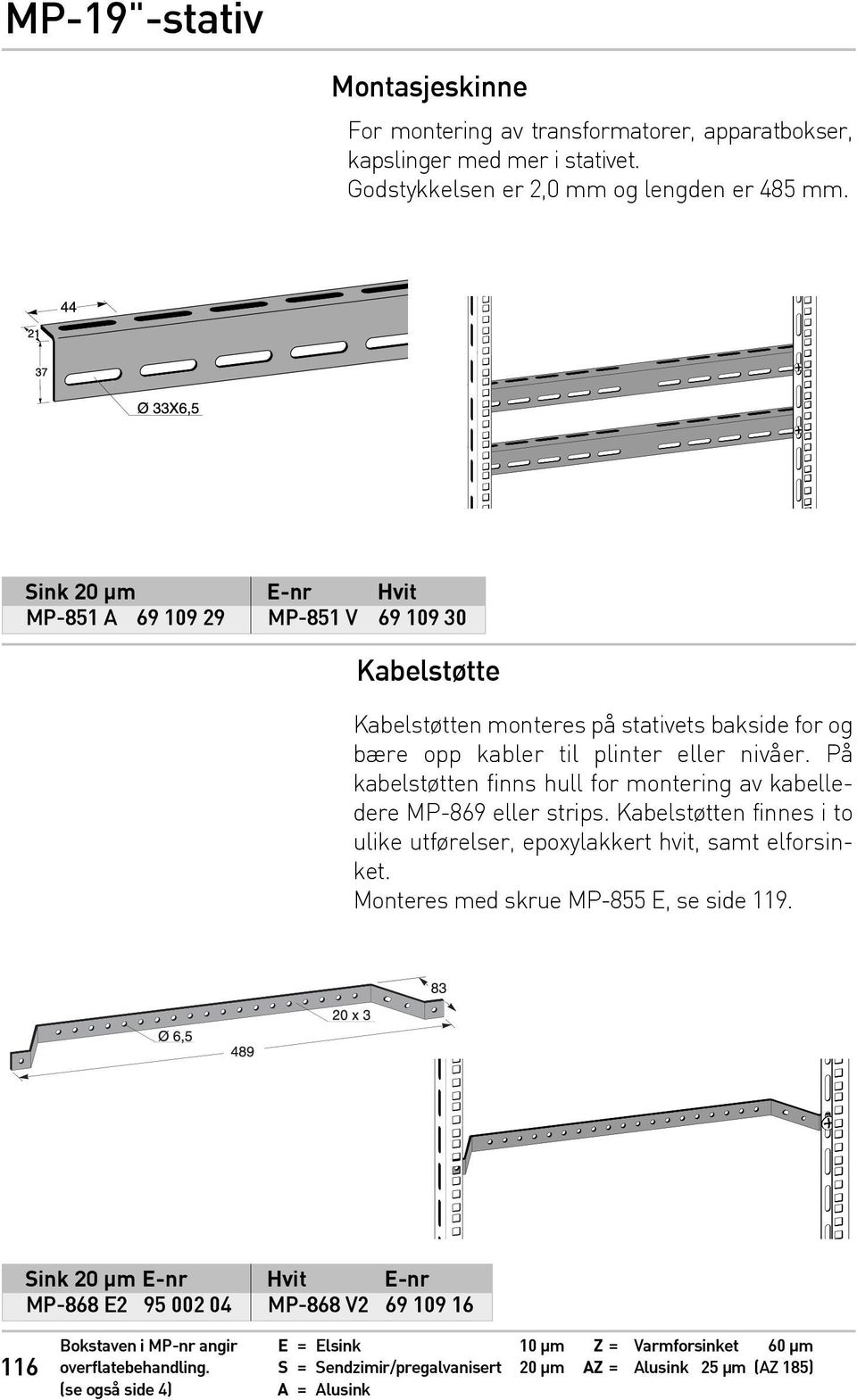 På kabelstøtten finns hull for montering av kabelledere MP-869 eller strips. Kabelstøtten finnes i to ulike utførelser, epoxy lakkert hvit, samt elforsinket.