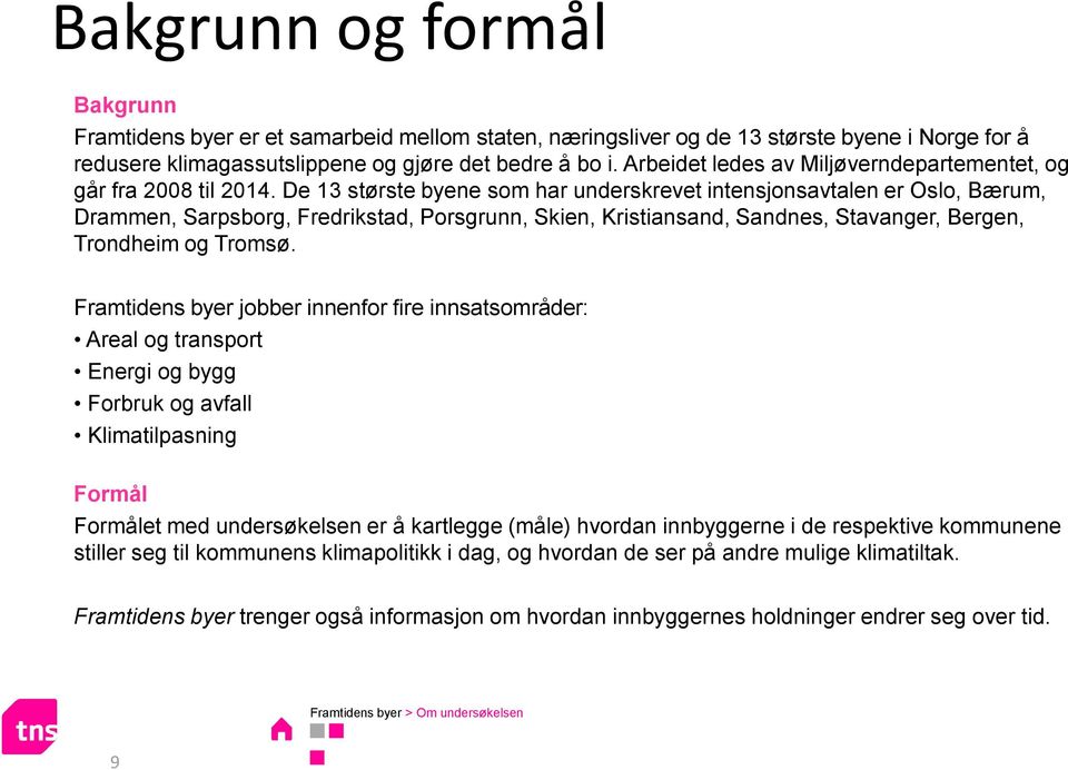 De 13 største byene som har underskrevet intensjonsavtalen er Oslo, Bærum, Drammen, Sarpsborg, Fredrikstad, Porsgrunn, Skien, Kristiansand, Sandnes, Stavanger, Bergen, Trondheim og Tromsø.