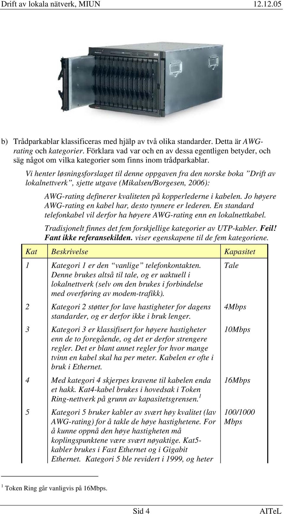Vi henter løsningsforslaget til denne oppgaven fra den norske boka Drift av lokalnettverk, sjette utgave (Mikalsen/Borgesen, 2006): AWG-rating definerer kvaliteten på kopperlederne i kabelen.
