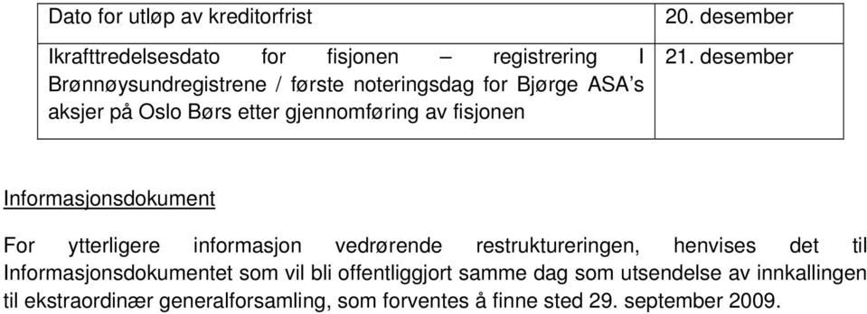 desember Informasjonsdokument For ytterligere informasjon vedrørende restruktureringen, henvises det til