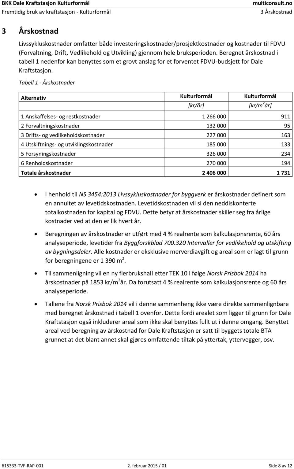 Beregnet årskostnad i tabell 1 nedenfor kan benyttes som et grovt anslag for et forventet FDVU-budsjett for Dale Kraftstasjon.