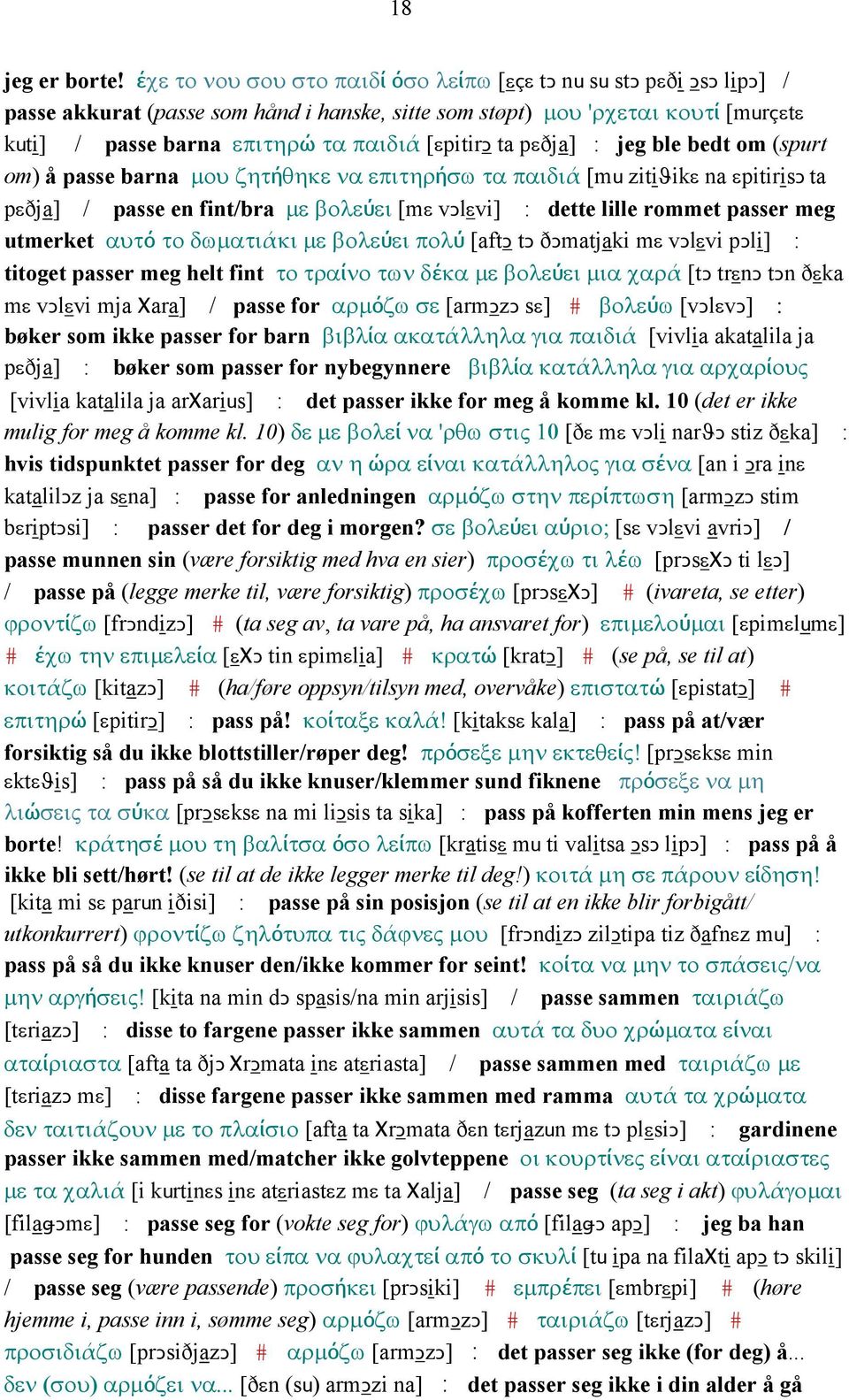 [εpitirǥ ta pεðja] : jeg ble bedt om (spurt om) å passe barna µου ζητήθηκε να επιτηρήσω τα παιδιά [mu zitiϑikε na εpitirisǥ ta pεðja] / passe en fint/bra µε βολεύει [mε vǥlεvi] : dette lille rommet