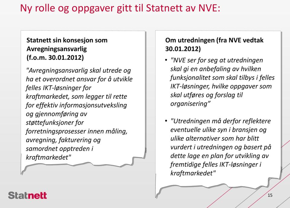 støttefunksjoner for forretningsprosesser innen måling, avregning, fakturering og samordnet opptreden i kraftmarkedet" Om utredningen (fra NVE vedtak 30.01.