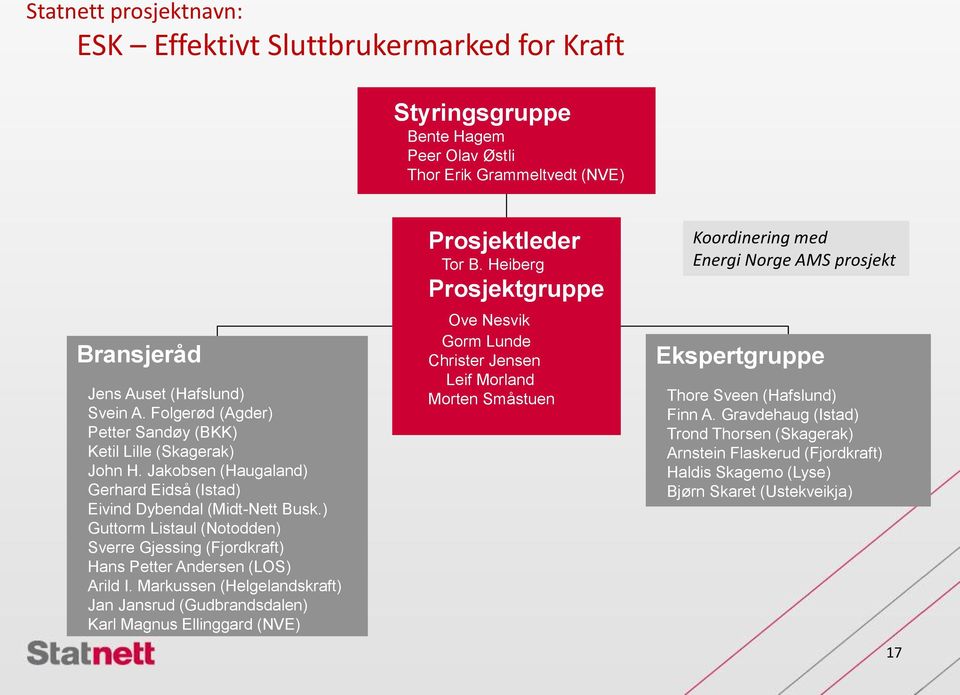 ) Guttorm Listaul (Notodden) Sverre Gjessing (Fjordkraft) Hans Petter Andersen (LOS) Arild I. Markussen (Helgelandskraft) Jan Jansrud (Gudbrandsdalen) Karl Magnus Ellinggard (NVE) Prosjektleder Tor B.