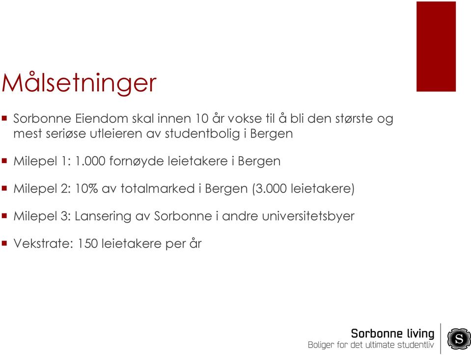 000 fornøyde leietakere i Bergen Milepel 2: 10% av totalmarked i Bergen (3.