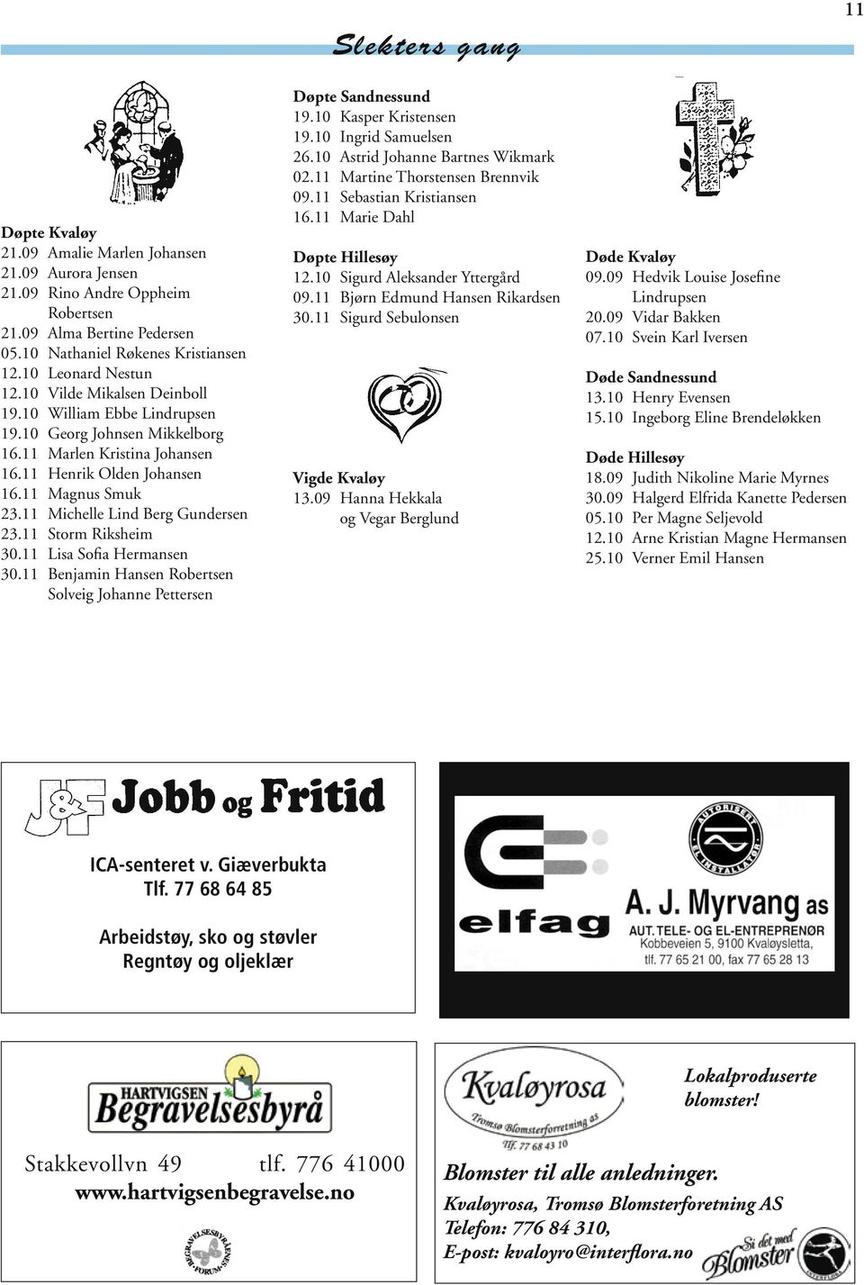 11 Michelle Lind Berg Gundersen 23.11 Storm Riksheim 30.11 Lisa Sofia Hermansen 30.11 Benjamin Hansen Robertsen Solveig Johanne Pettersen Døpte Sandnessund 19.10 Kasper Kristensen 19.