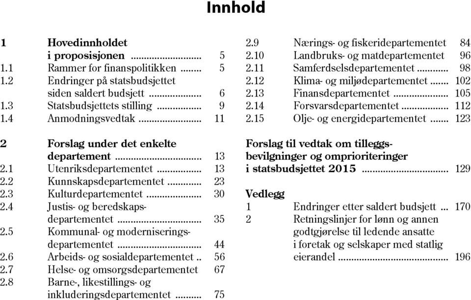 5 Kommunal- og moderniseringsdepartementet... 44 2.6 Arbeids- og sosialdepartementet.. 56 2.7 Helse- og omsorgsdepartementet 67 2.8 Barne-, likestillings- og inkluderingsdepartementet... 75 2.