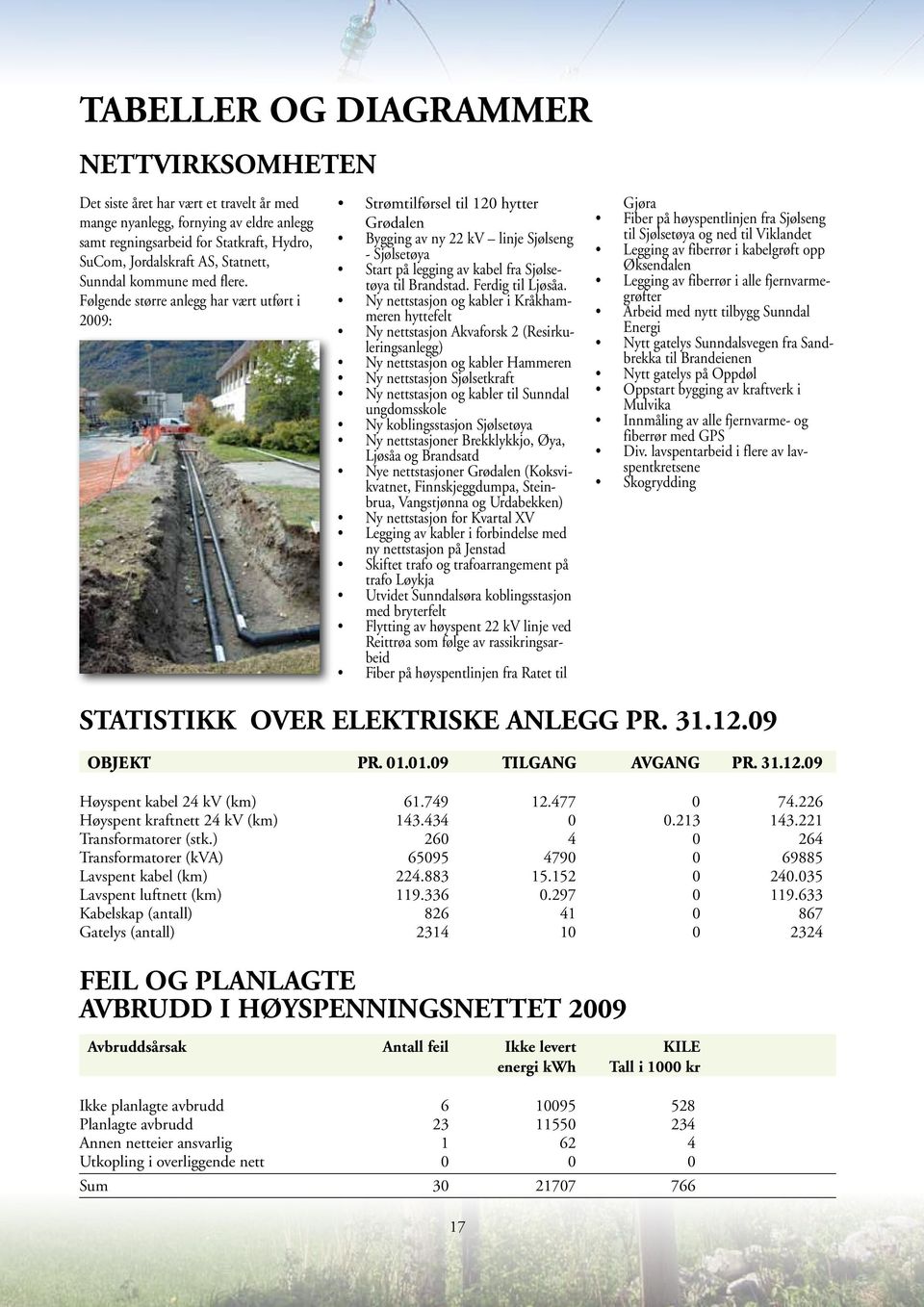 Følgende større anlegg har vært utført i 2009: Strømtilførsel til 120 hytter Grødalen Bygging av ny 22 kv linje Sjølseng - Sjølsetøya Start på legging av kabel fra Sjølsetøya til Brandstad.