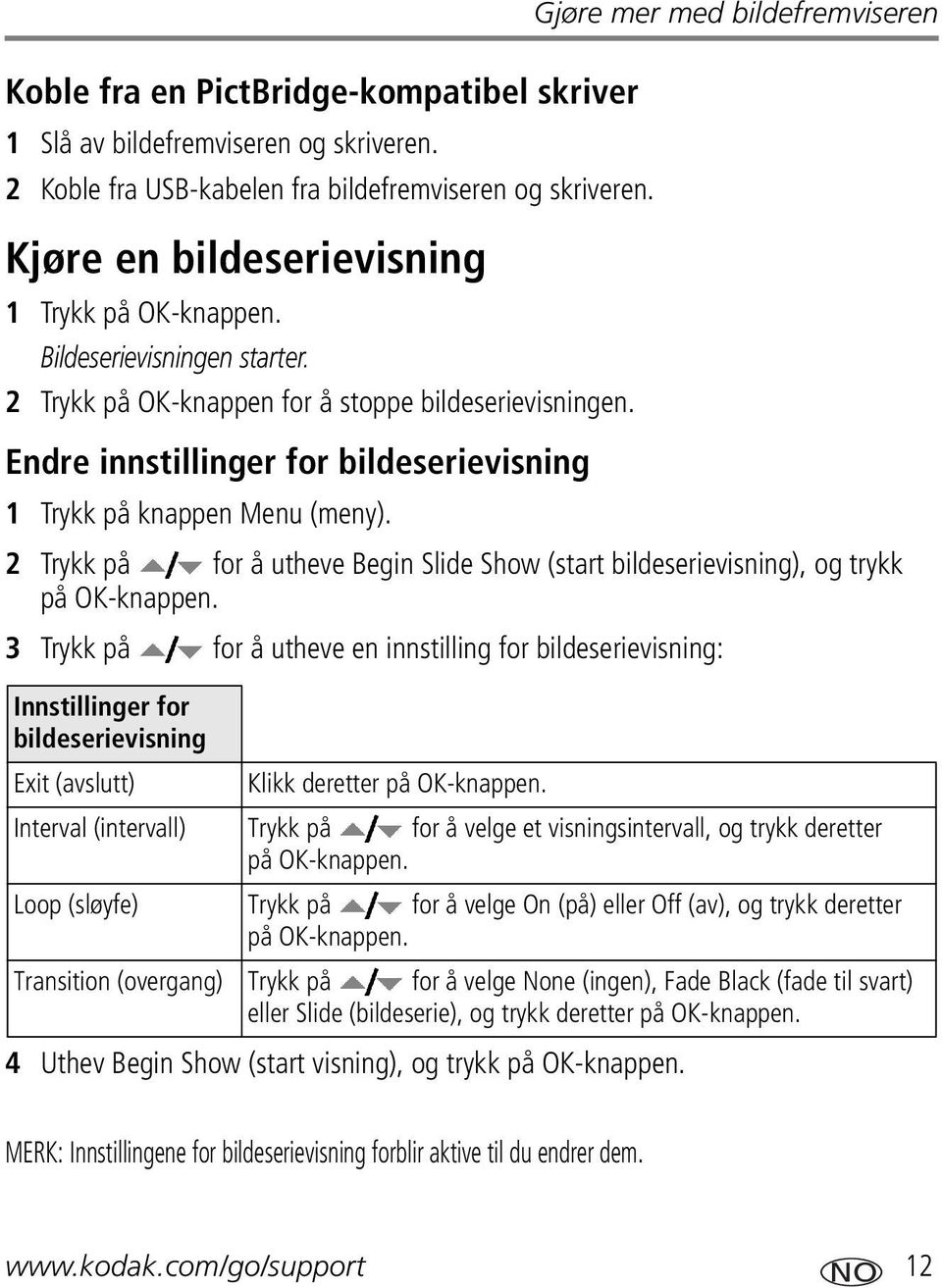 2 Trykk på for å utheve Begin Slide Show (start bildeserievisning), og trykk på OK-knappen.