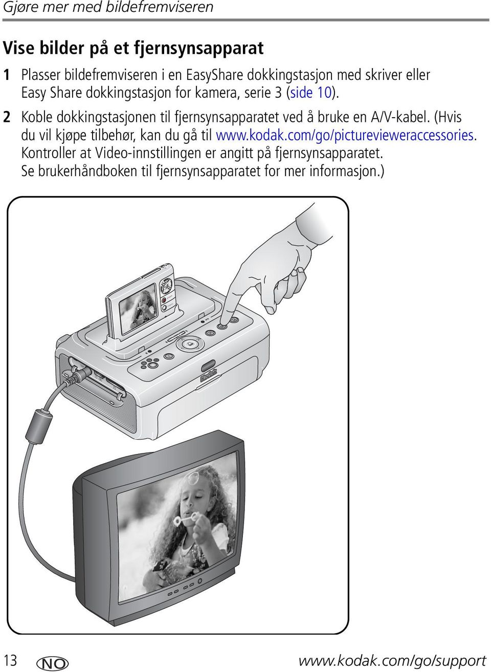 2 Koble dokkingstasjonen til fjernsynsapparatet ved å bruke en A/V-kabel. (Hvis du vil kjøpe tilbehør, kan du gå til www.kodak.