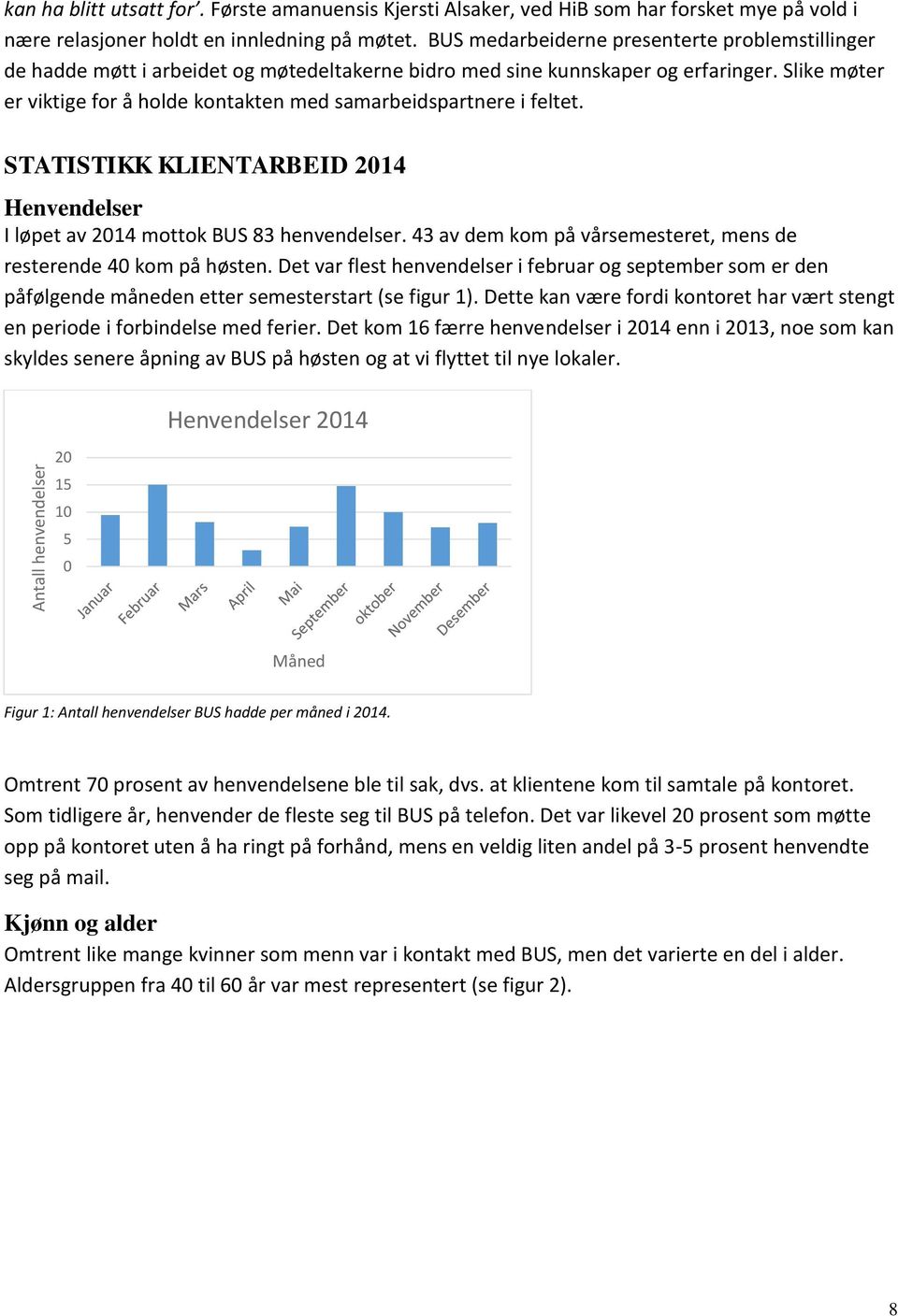 Slike møter er viktige for å holde kontakten med samarbeidspartnere i feltet. STATISTIKK KLIENTARBEID 2014 Henvendelser I løpet av 2014 mottok BUS 83 henvendelser.