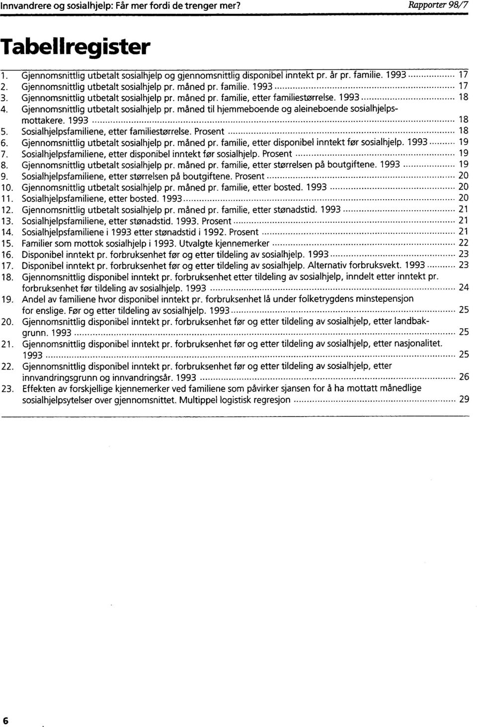 Gjennomsnittlig utbetalt sosialhjelp pr. måned til hjemmeboende og aleineboende sosialhjelpsmottakere. 1993 18 5. Sosialhjelpsfamiliene, etter familiestørrelse. Prosent 18 6.