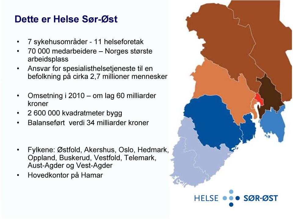 lag 60 milliarder kroner 2 600 000 kvadratmeter bygg Balanseført verdi 34 milliarder kroner Fylkene: