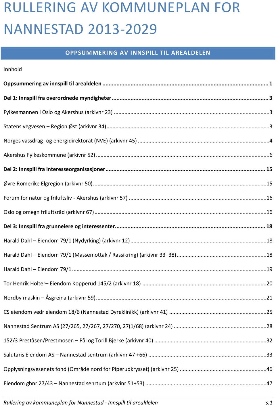 ..6 Del 2: Innspill fra interesseorganisasjoner... 15 Øvre Romerike Elgregion (arkivnr 50)...15 Forum for natur og friluftsliv - Akershus (arkivnr 57)...16 Oslo og omegn friluftsråd (arkivnr 67).