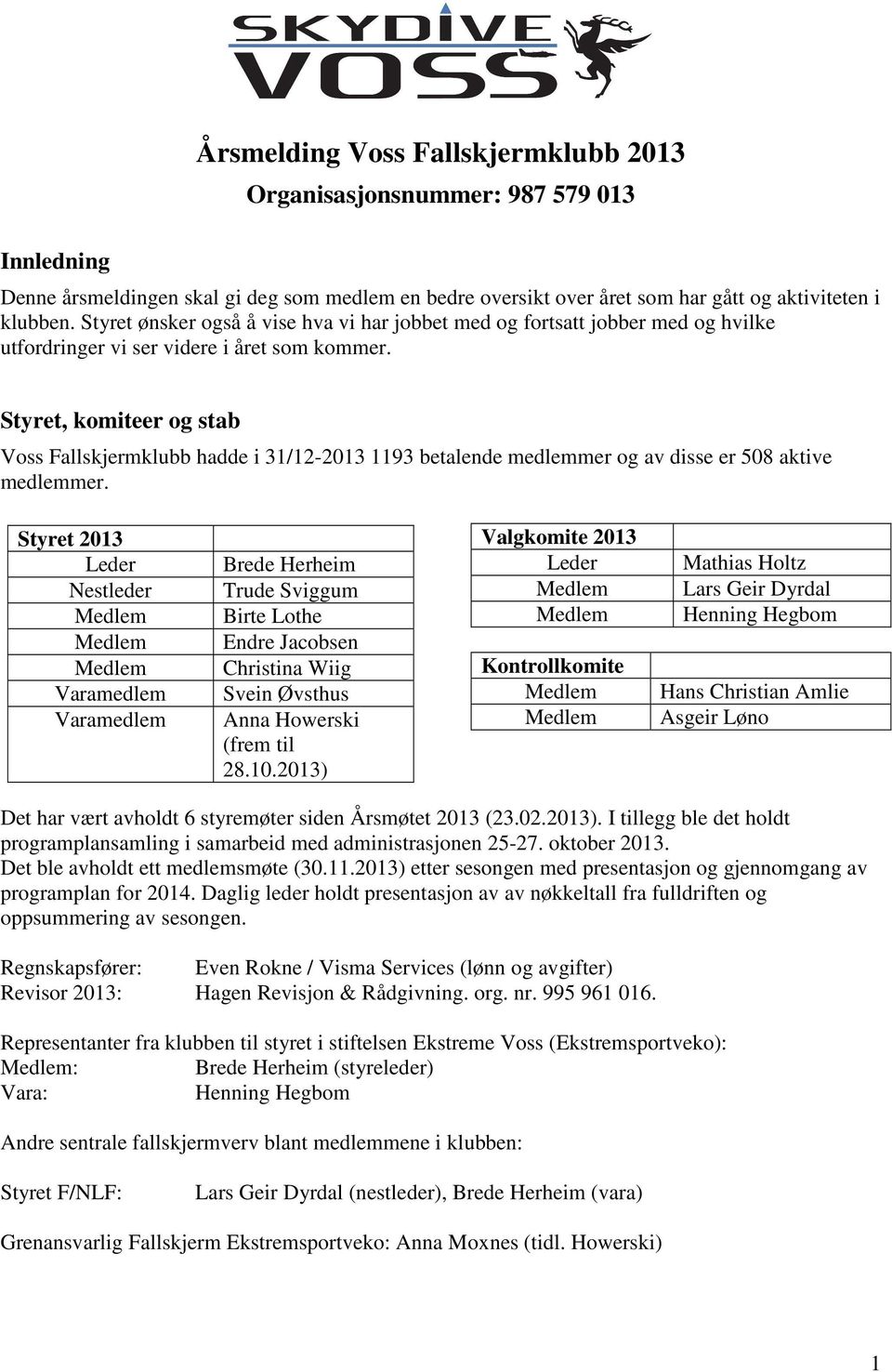 Styret, komiteer og stab Voss Fallskjermklubb hadde i 31/12-2013 1193 betalende medlemmer og av disse er 508 aktive medlemmer.
