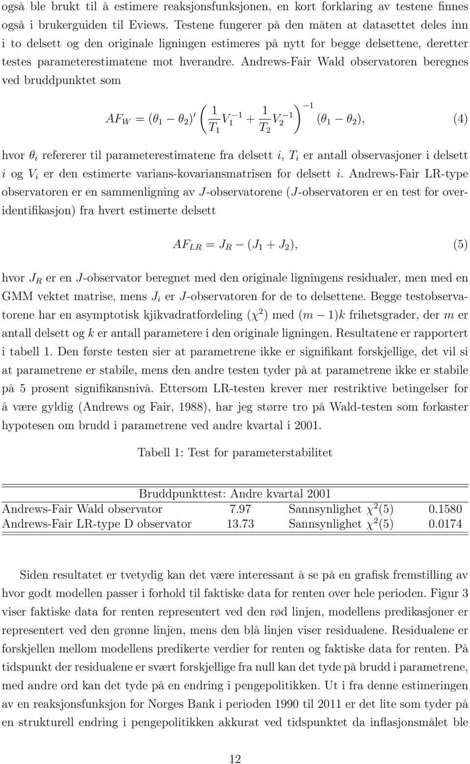 Andrews-Fair Wald observatoren beregnes ved bruddpunktet som ( 1 AF W = (θ 1 θ 2 ) V1 1 + 1 ) 1 V2 1 (θ 1 θ 2 ), (4) T 1 T 2 hvor θ i refererer til parameterestimatene fra delsett i, T i er antall