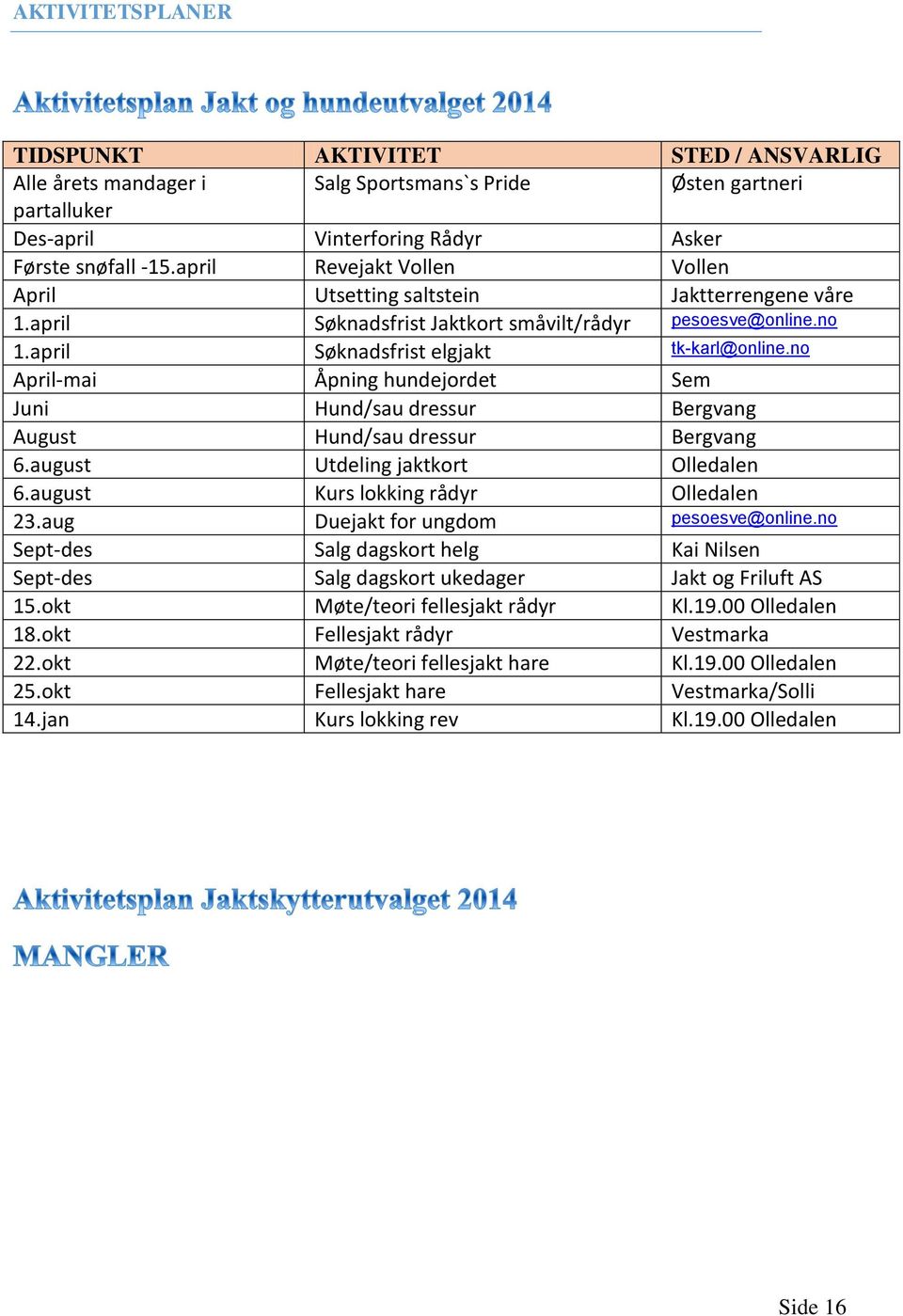 no April-mai Åpning hundejordet Sem Juni Hund/sau dressur Bergvang August Hund/sau dressur Bergvang 6.august Utdeling jaktkort Olledalen 6.august Kurs lokking rådyr Olledalen 23.