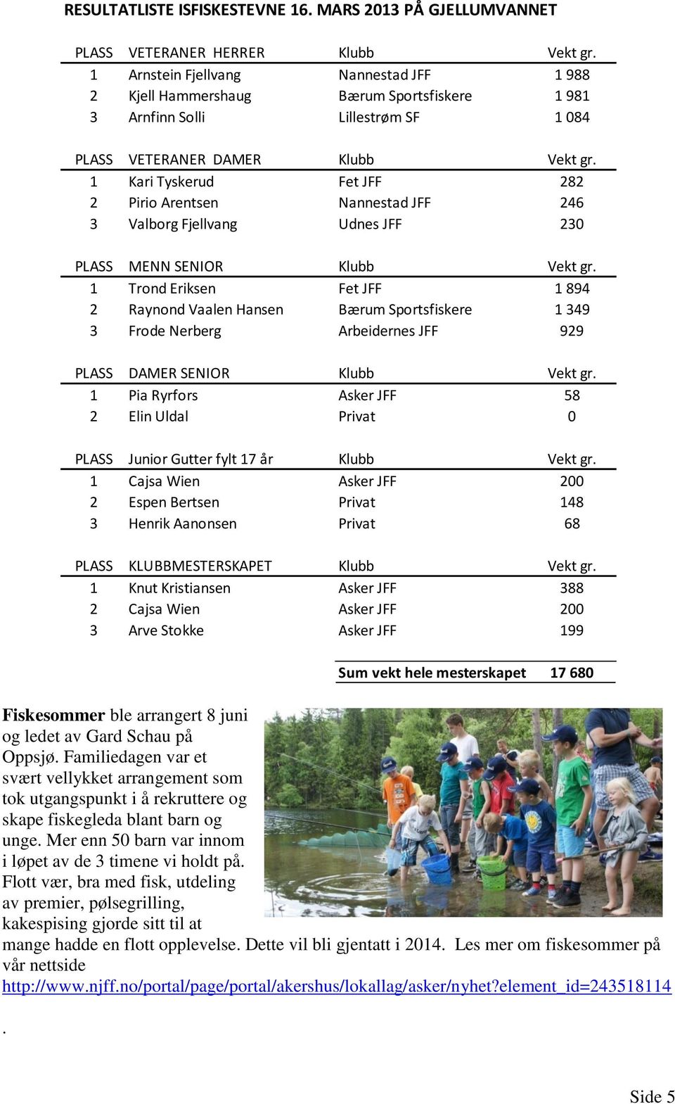 Dette vil bli gjentatt i 2014. Les mer om fiskesommer på vår nettside http://www.njff.no/portal/page/portal/akershus/lokallag/asker/nyhet?element_id=243518114. RESULTATLISTE ISFISKESTEVNE 16.