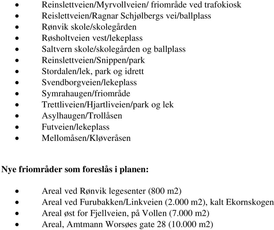 Trettliveien/Hjartliveien/park og lek Asylhaugen/Trollåsen Futveien/lekeplass Mellomåsen/Kløveråsen Nye friområder som foreslås i planen: Areal ved Rønvik
