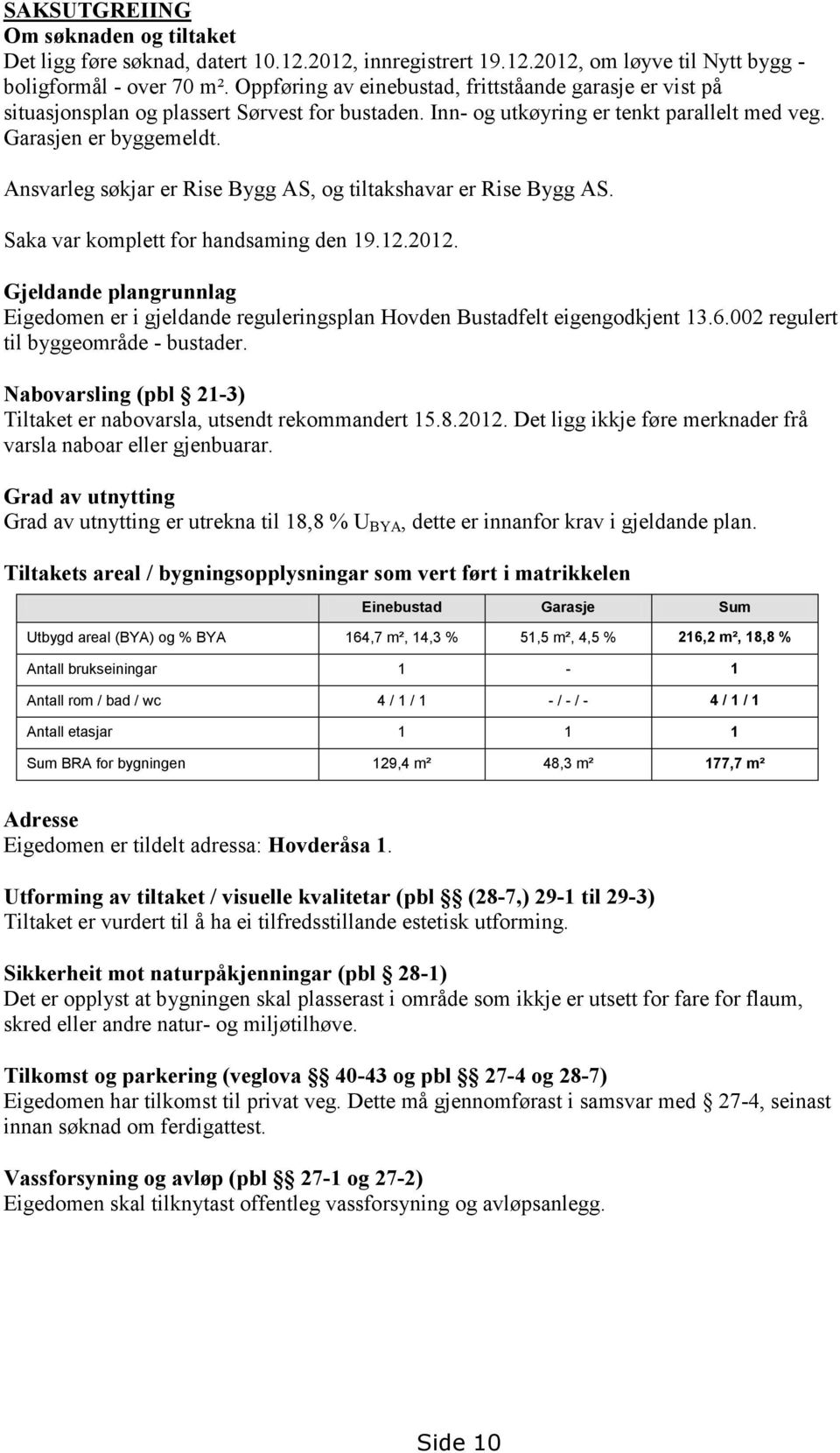 Ansvarleg søkjar er Rise Bygg AS, og tiltakshavar er Rise Bygg AS. Saka var komplett for handsaming den 19.12.2012.