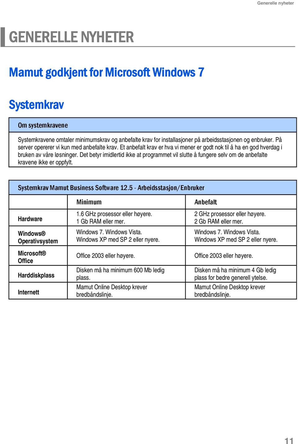 Det betyr imidlertid ikke at programmet vil slutte å fungere selv om de anbefalte kravene ikke er oppfylt. Systemkrav Mamut Business Software 12.