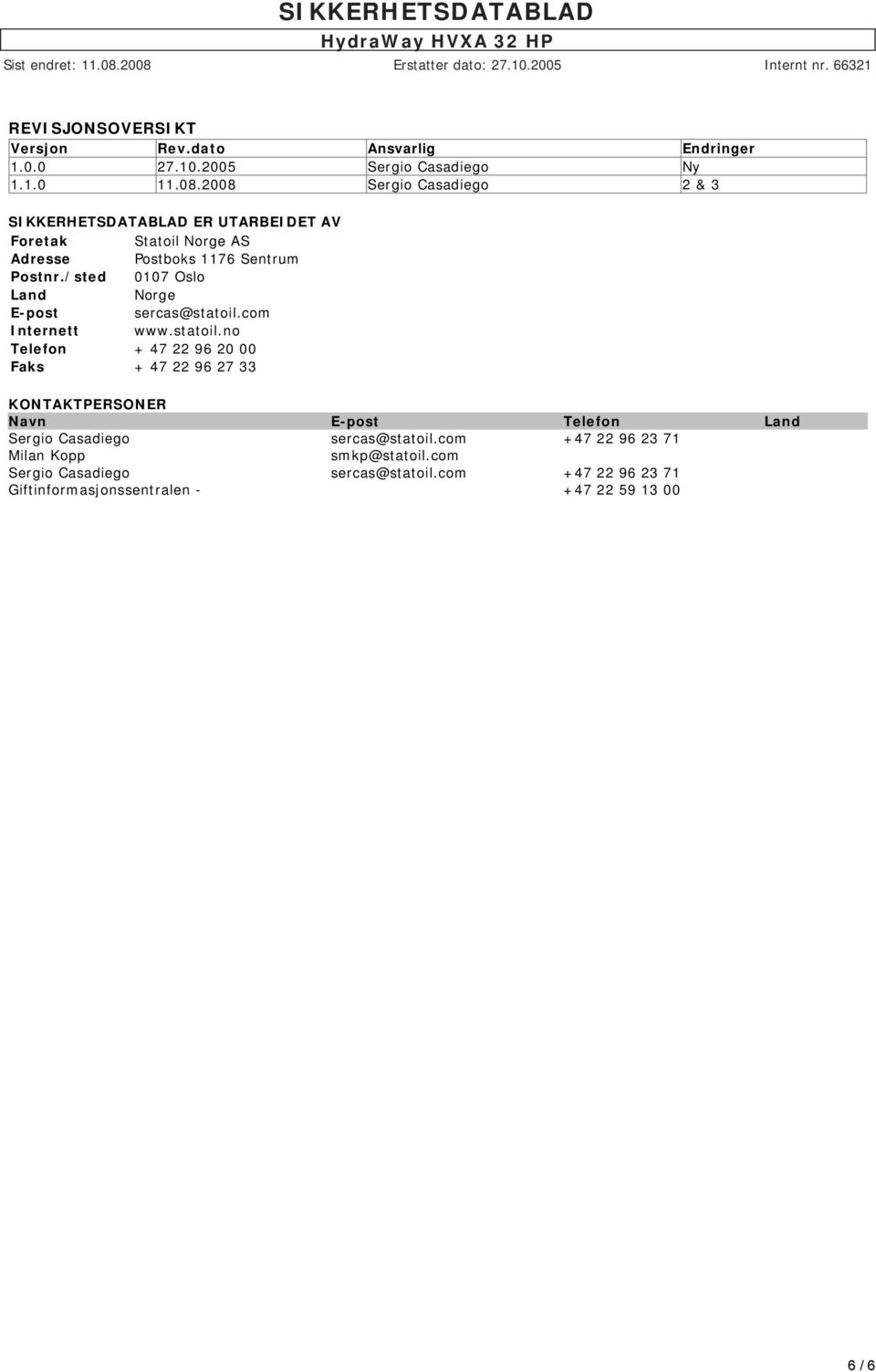 /sted 0107 Oslo Land Norge E-post sercas@statoil.