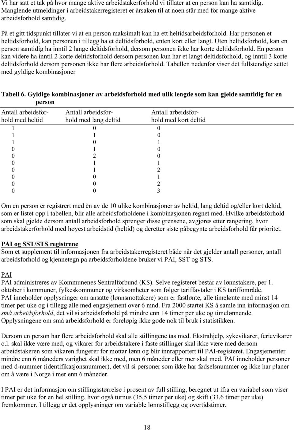 På et gitt tidspunkt tillater vi at en person maksimalt kan ha ett heltidsarbeidsforhold. Har personen et heltidsforhold, kan personen i tillegg ha et deltidsforhold, enten kort eller langt.