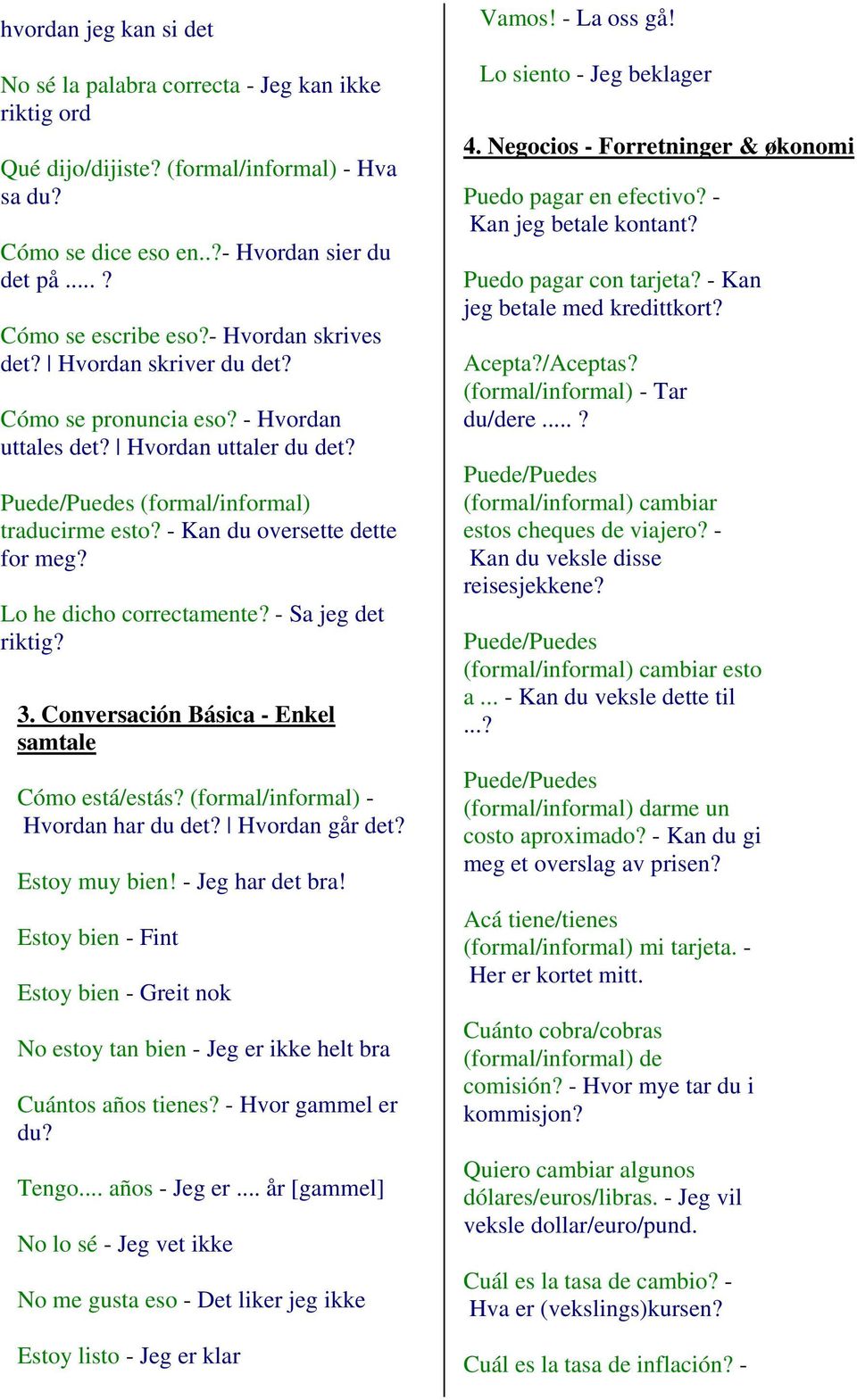 Lo he dicho correctamente? - Sa jeg det riktig? 3. Conversación Básica - Enkel samtale Cómo está/estás? (formal/informal) - Hvordan har du det? Hvordan går det? Estoy muy bien! - Jeg har det bra!