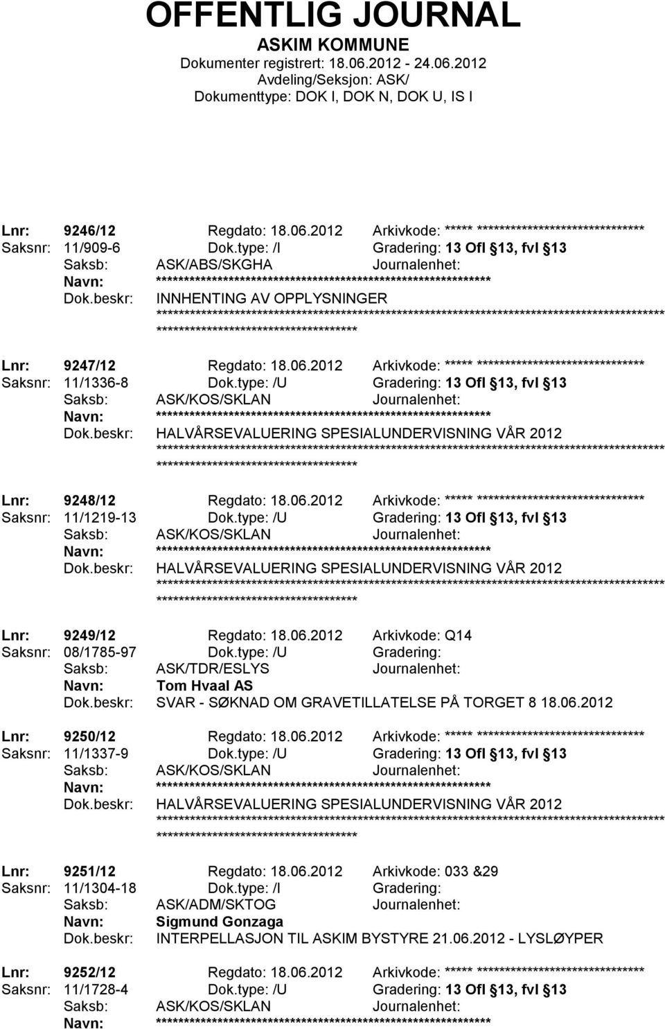 type: /U Gradering: 13 Ofl 13, fvl 13 ************************ HALVÅRSEVALUERING SPESIALUNDERVISNING VÅR 2012 Lnr: 9248/12 Regdato: 18.06.