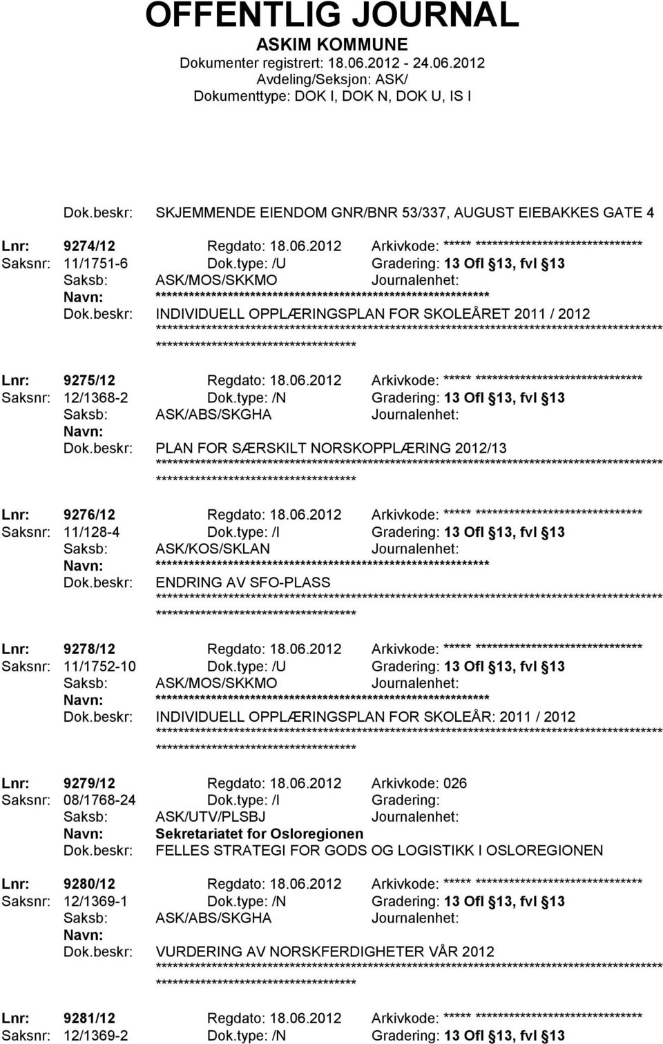 2012 Arkivkode: ***** ****************************** Saksnr: 12/1368-2 Dok.type: /N Gradering: 13 Ofl 13, fvl 13 PLAN FOR SÆRSKILT NORSKOPPLÆRING 2012/13 Lnr: 9276/12 Regdato: 18.06.