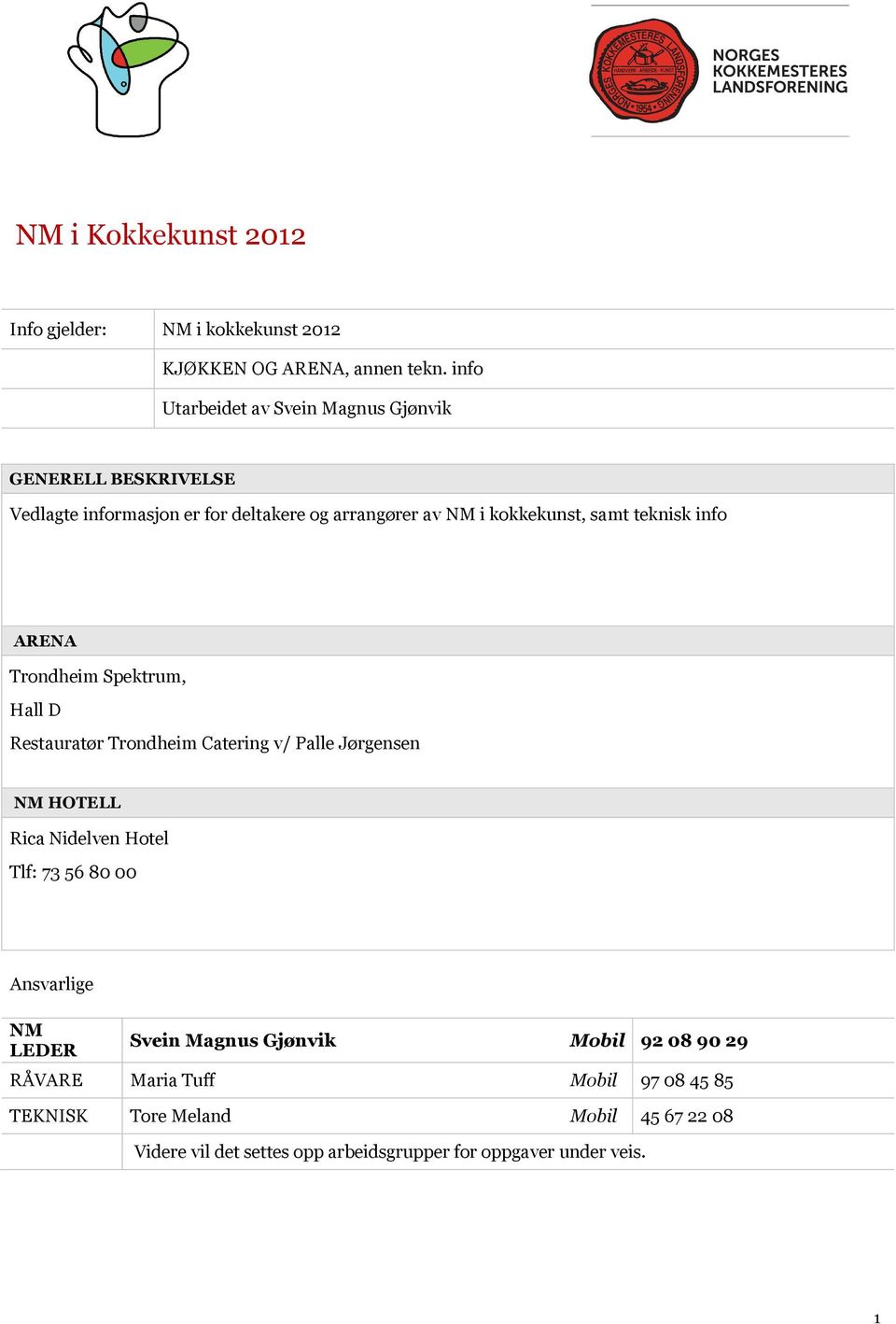 teknisk info ARENA Trondheim Spektrum, Hall D Restauratør Trondheim Catering v/ Palle Jørgensen NM HOTELL Rica Nidelven Hotel Tlf: 73 56 80