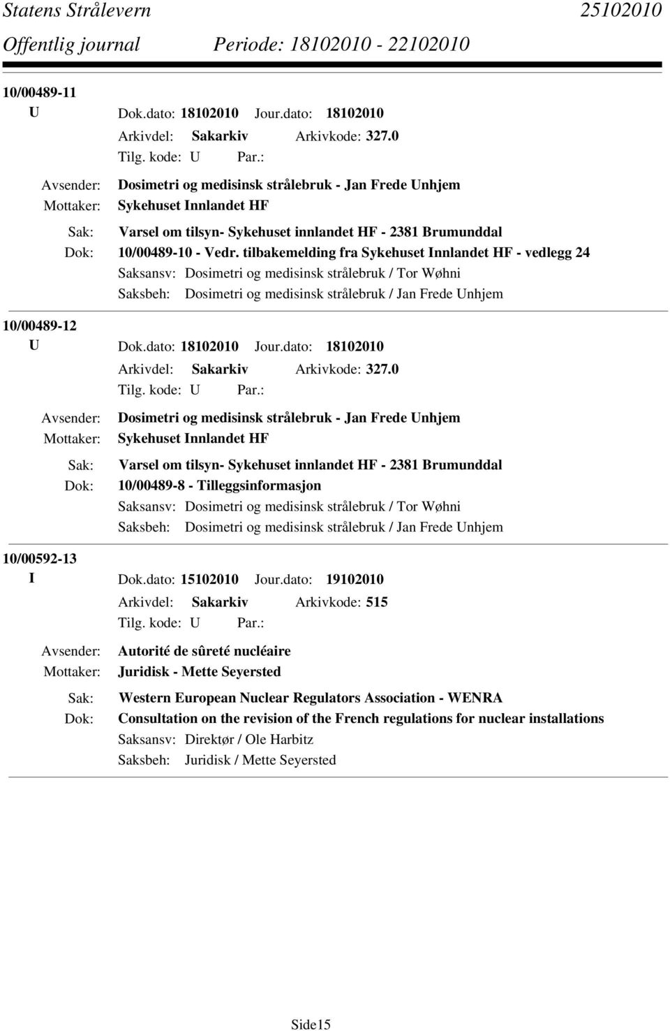 tilbakemelding fra Sykehuset Innlandet HF - vedlegg 24 Saksansv: Dosimetri og medisinsk strålebruk / Tor Wøhni Saksbeh: Dosimetri og medisinsk strålebruk / Jan Frede Unhjem 10/00489-12 U Dok.