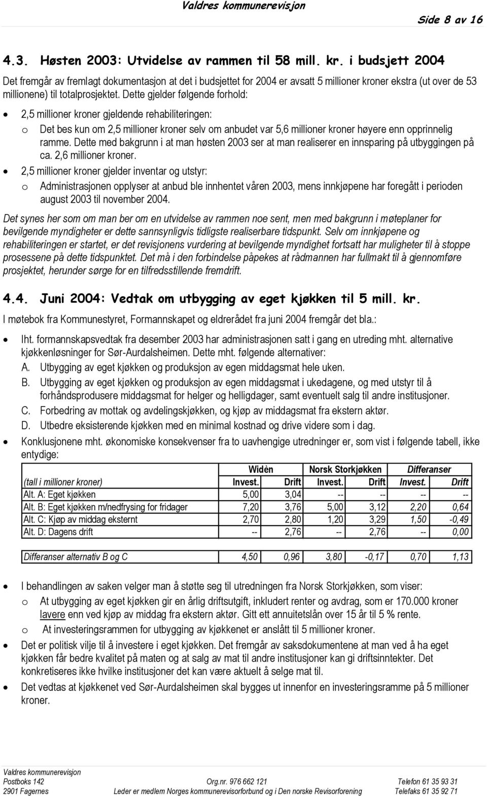 Dette gjelder følgende forhold: 2,5 millioner kroner gjeldende rehabiliteringen: o Det bes kun om 2,5 millioner kroner selv om anbudet var 5,6 millioner kroner høyere enn opprinnelig ramme.