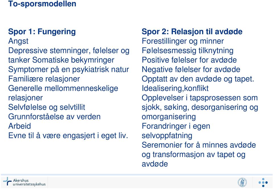 Spor 2: Relasjon til avdøde Forestillinger og minner Følelsesmessig tilknytning Positive følelser for avdøde Negative følelser for avdøde Opptatt av den avdøde og