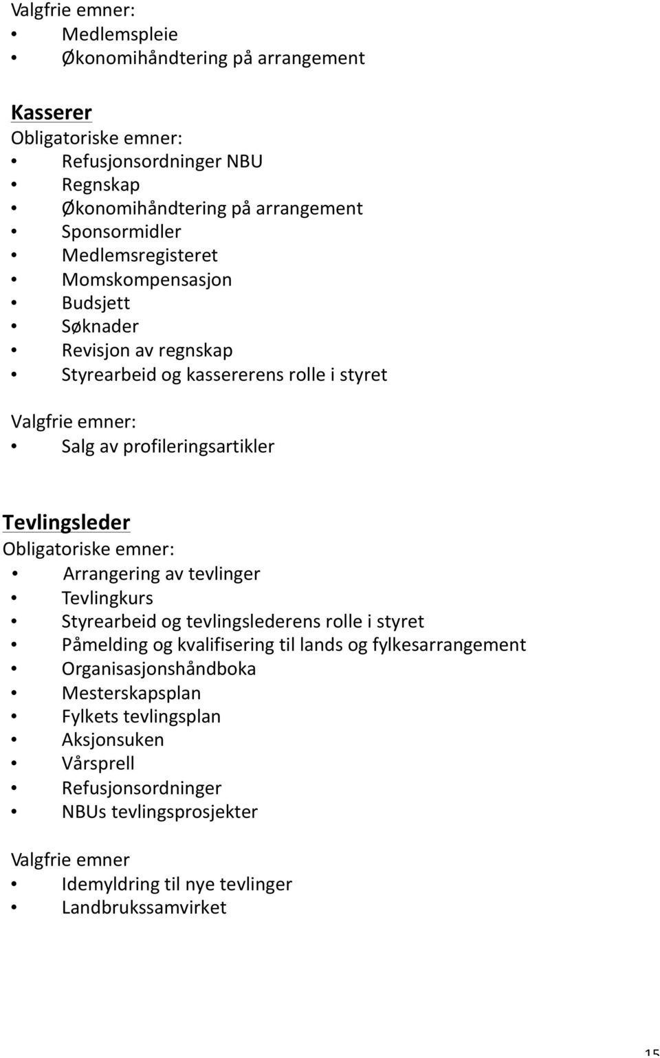 Obligatoriske emner: Arrangering av tevlinger Tevlingkurs Styrearbeid og tevlingslederens rolle i styret Påmelding og kvalifisering til lands og fylkesarrangement