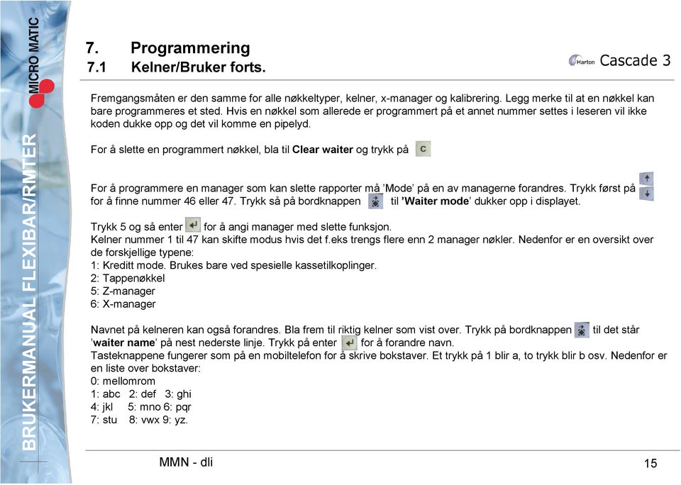 For å slette en programmert nøkkel, bla til Clear waiter og trykk på For å programmere en manager som kan slette rapporter må Mode på en av managerne forandres.