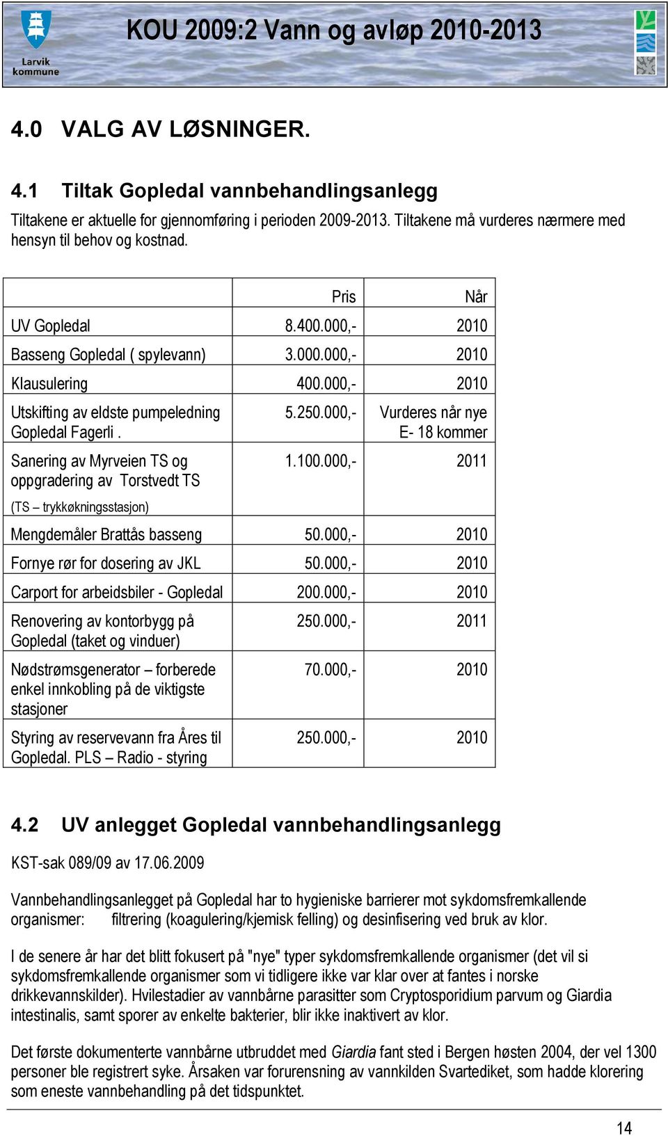 Sanering av Myrveien TS og oppgradering av Torstvedt TS (TS trykkøkningsstasjon) Når 5.250.000,- Vurderes når nye E- 18 kommer 1.100.000,- 2011 Mengdemåler Brattås basseng 50.