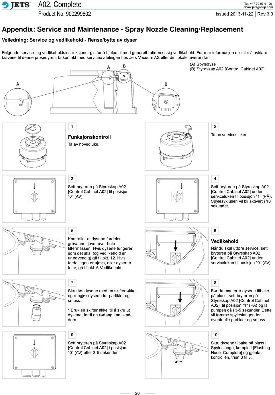 (A) Spyledyse (B) Styreskap A02 [Control Cabinet A02] 1 Funksjonskontroll Ta av hovedluke. 2 Ta av servicesluken. 3 Sett bryteren på Styreskap A02 [Control Cabinet A02] til posisjon "0" (AV).