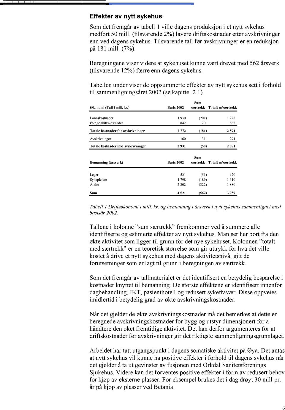 Tabellen under viser de oppsummerte effekter av nytt sykehus sett i forhold til sammenligningsåret 2002 (se kapittel 2.1) Økonomi (Tall i mill. kr.