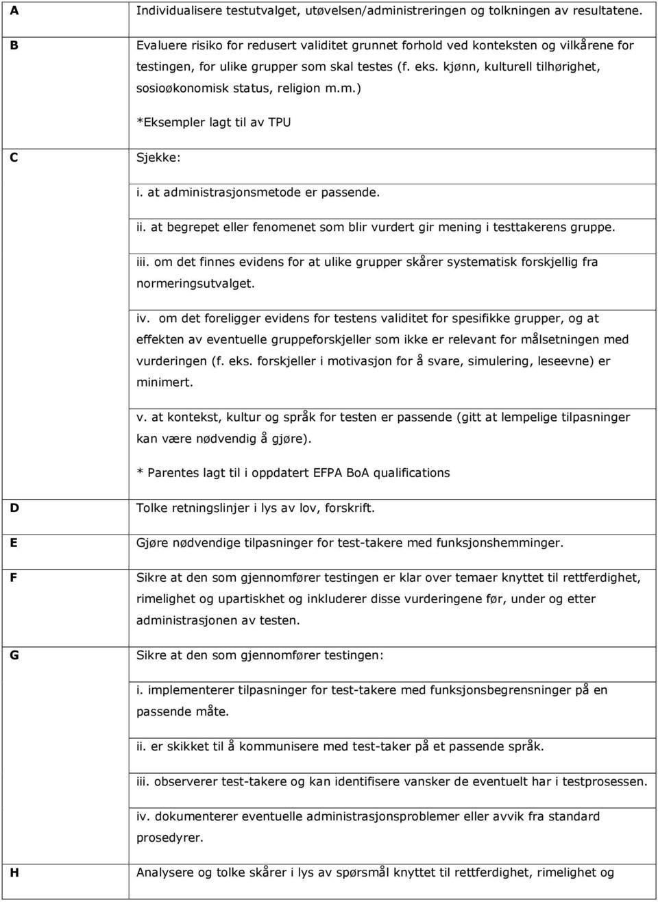 kjønn, kulturell tilhørighet, sosioøkonomisk status, religion m.m.) *ksempler lagt til av TPU Sjekke: i. at administrasjonsmetode er passende. ii.