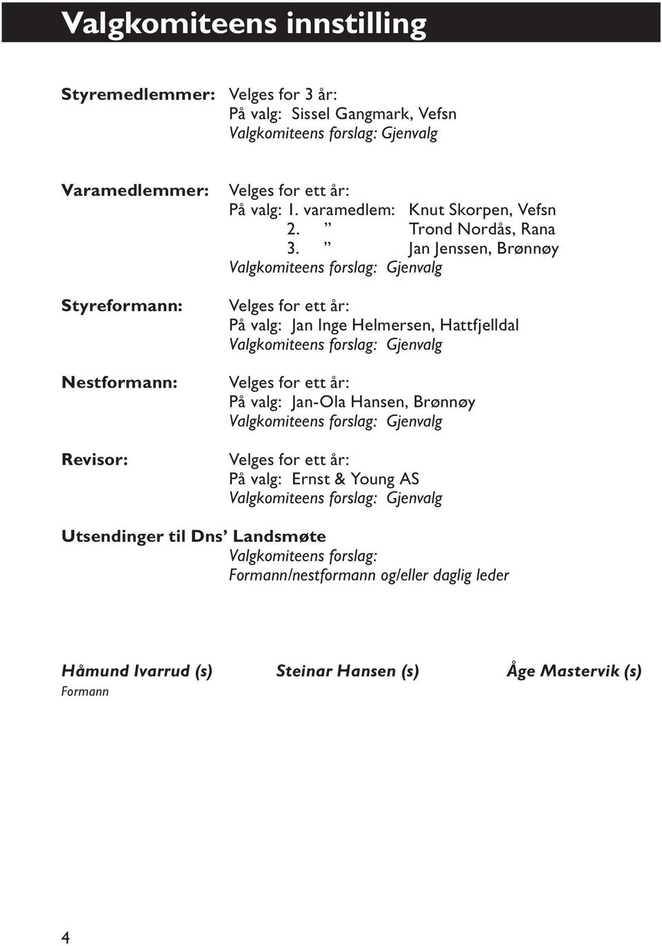 Jan Jenssen, Brønnøy Valgkomiteens forslag: Gjenvalg Velges for ett år: På valg: Jan Inge Helmersen, Hattfjelldal Valgkomiteens forslag: Gjenvalg Velges for ett år: På valg: Jan-Ola