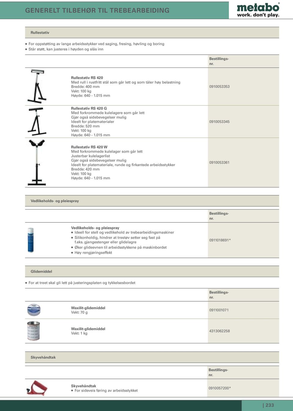 015 0910053353 Rullestativ RS 420 G Med forkroede kulelagere som går lett Gjør også sidebevegelser mulig Ideelt for platematerialer Bredde: 520 Vekt: 100 kg Høyde: 640-1.