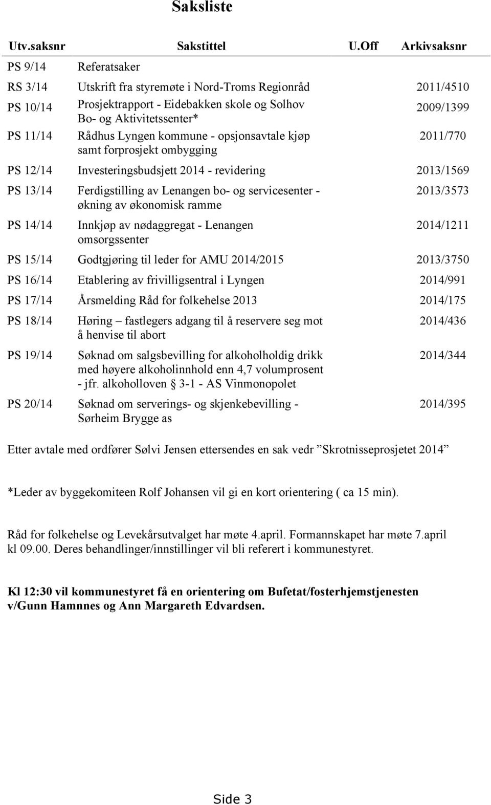 Rådhus Lyngen kommune - opsjonsavtale kjøp samt forprosjekt ombygging 2011/770 PS 12/14 Investeringsbudsjett 2014 - revidering 2013/1569 PS 13/14 Ferdigstilling av Lenangen bo- og servicesenter -