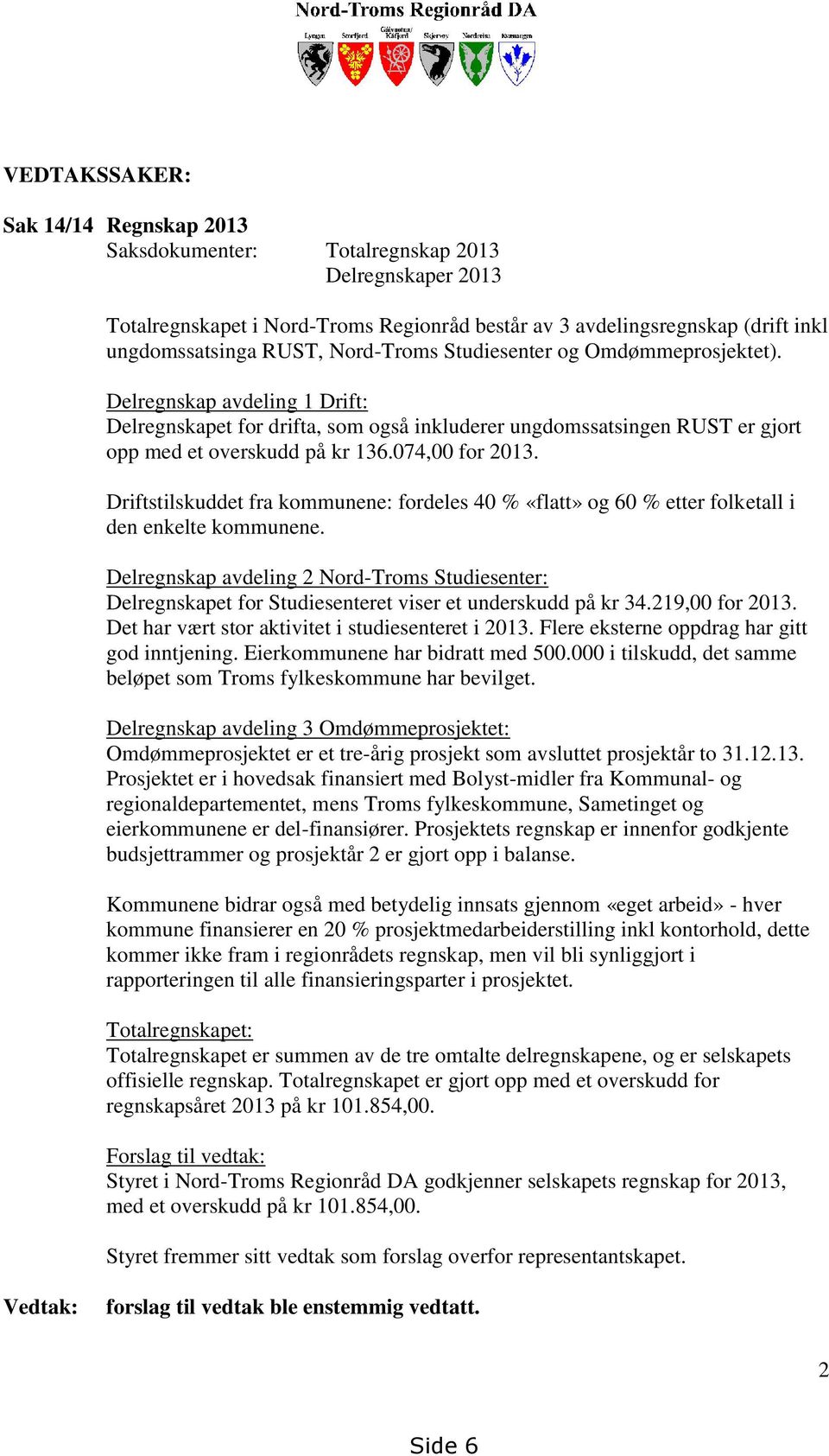 074,00 for 2013. Driftstilskuddet fra kommunene: fordeles 40 % «flatt» og 60 % etter folketall i den enkelte kommunene.