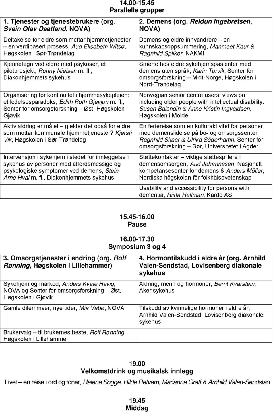 Nielsen m. fl., Diakonhjemmets sykehus Organisering for kontinuitet i hjemmesykepleien: et ledelsesparadoks, Edith Roth Gjevjon m. fl., Senter for omsorgsforskning Øst, Høgskolen i Gjøvik Aktiv aldring er målet gjelder det også for eldre som mottar kommunale hjemmetjenester?