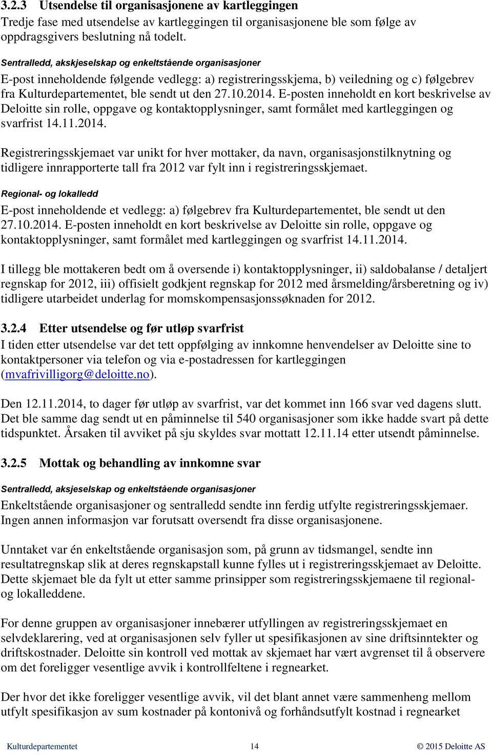 2014. E-posten inneholdt en kort beskrivelse av Deloitte sin rolle, oppgave og kontaktopplysninger, samt formålet med kartleggingen og svarfrist 14.11.2014. Registreringsskjemaet var unikt for hver mottaker, da navn, organisasjonstilknytning og tidligere innrapporterte tall fra 2012 var fylt inn i registreringsskjemaet.