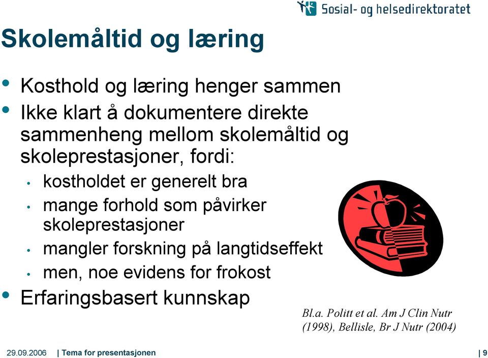 skoleprestasjoner mangler forskning på langtidseffekt men, noe evidens for frokost Erfaringsbasert