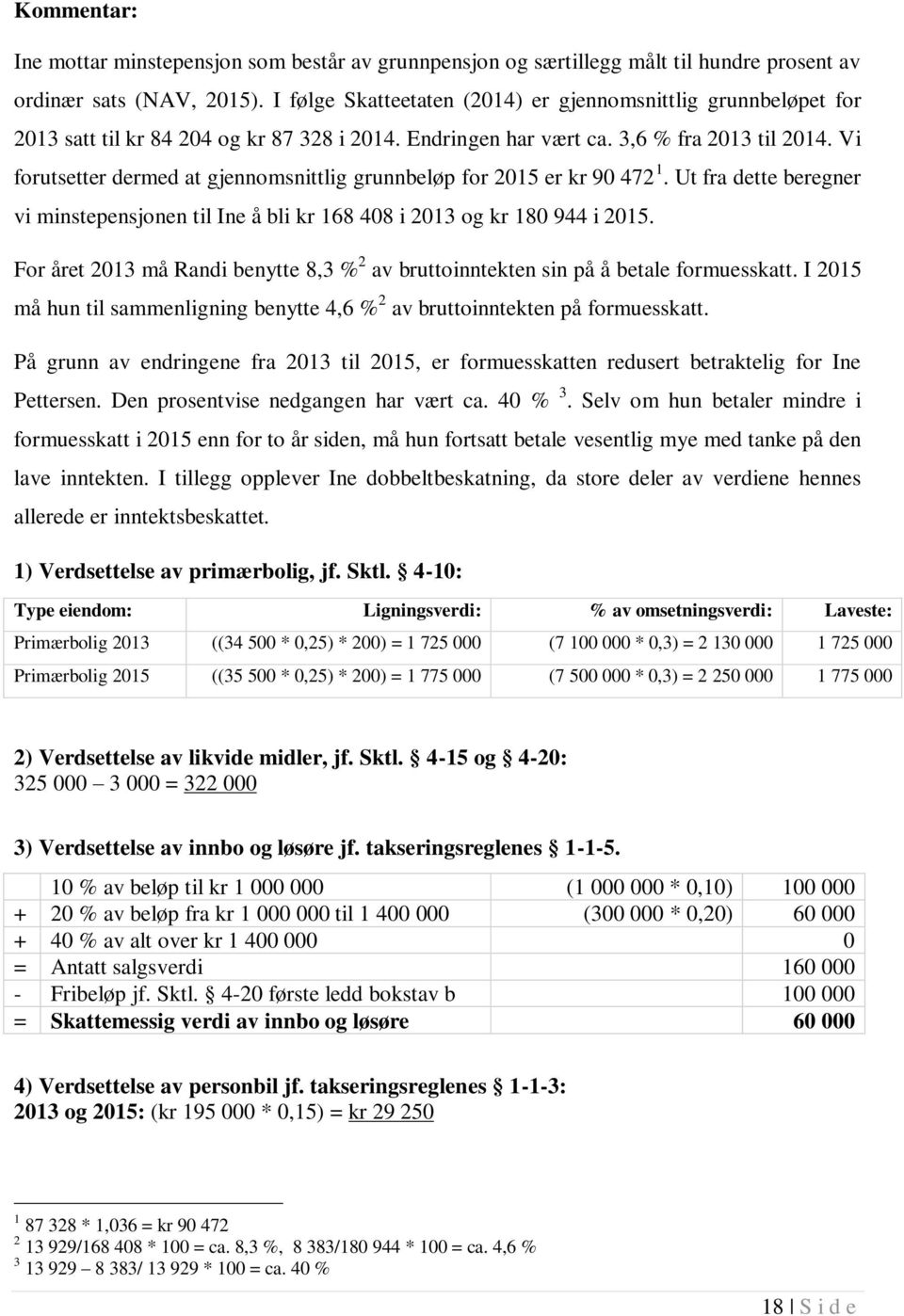 Vi forutsetter dermed at gjennomsnittlig grunnbeløp for 2015 er kr 90 472 1. Ut fra dette beregner vi minstepensjonen til Ine å bli kr 168 408 i 2013 og kr 180 944 i 2015.